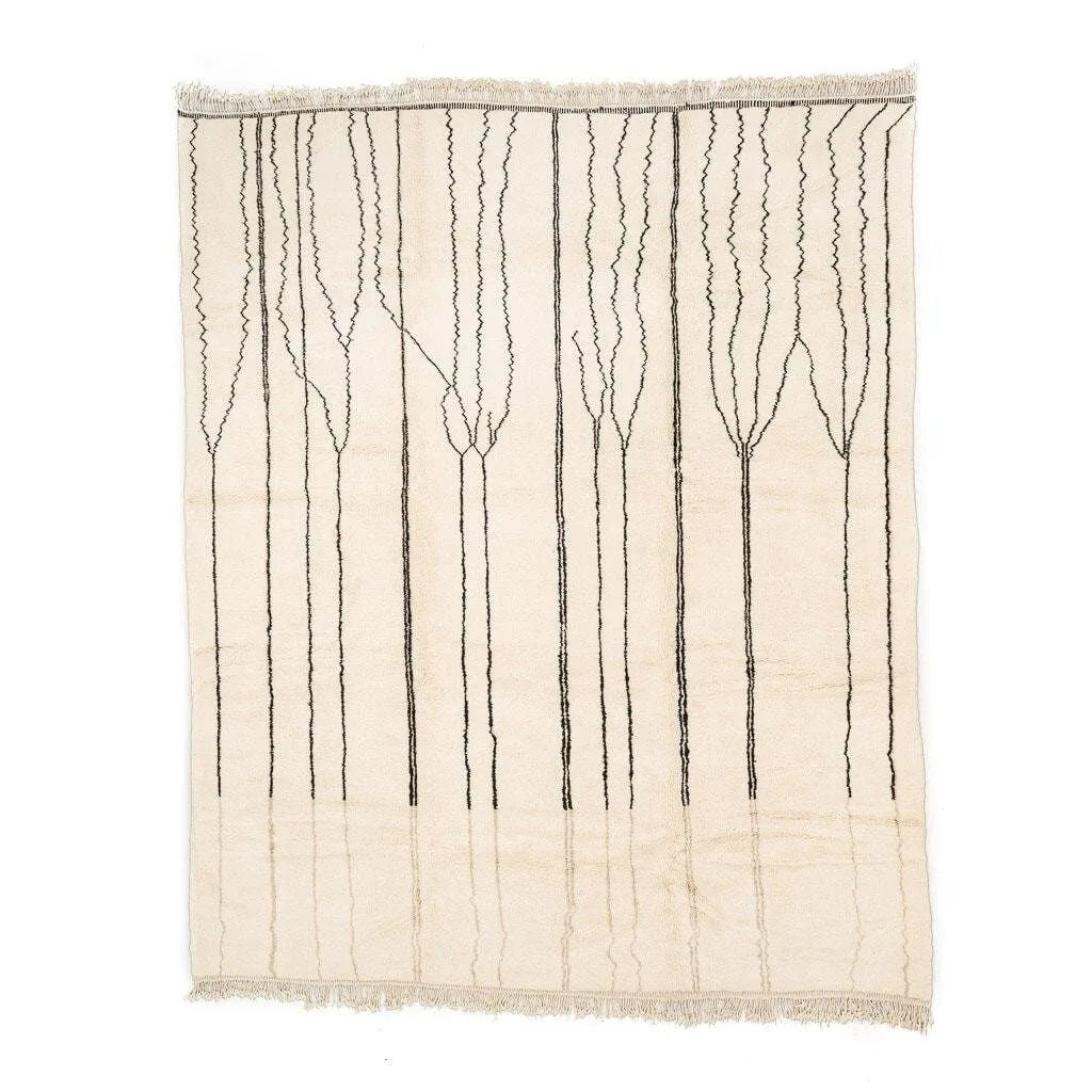 Front view of Moroccan wool rug, cream ground with fine branching black vertical lines