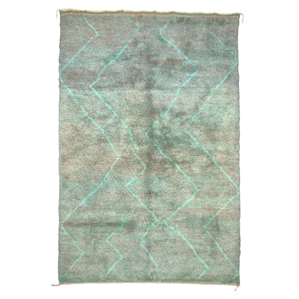 Front view of Moroccan wool rug, mint green ground with dark diagonal linework