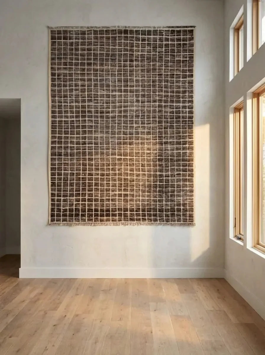 Moroccan wool rug, dark brown ground with a fine light grid, product view 2
