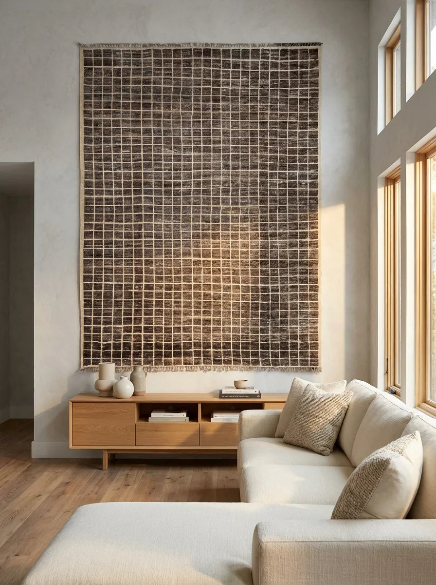 Moroccan wool rug, dark brown ground with a fine light grid, product view 3