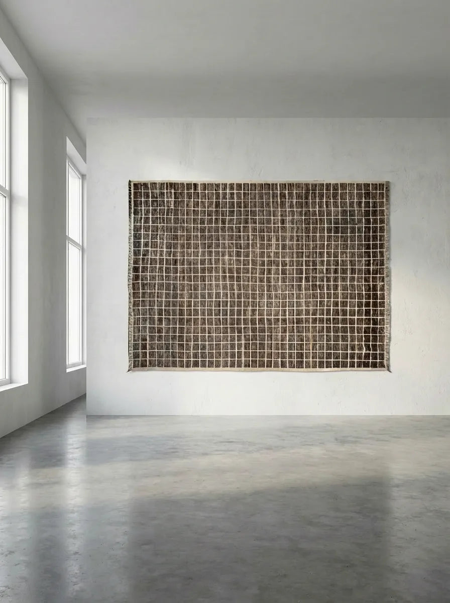 Moroccan wool rug, dark brown ground with a fine light grid, product view 4