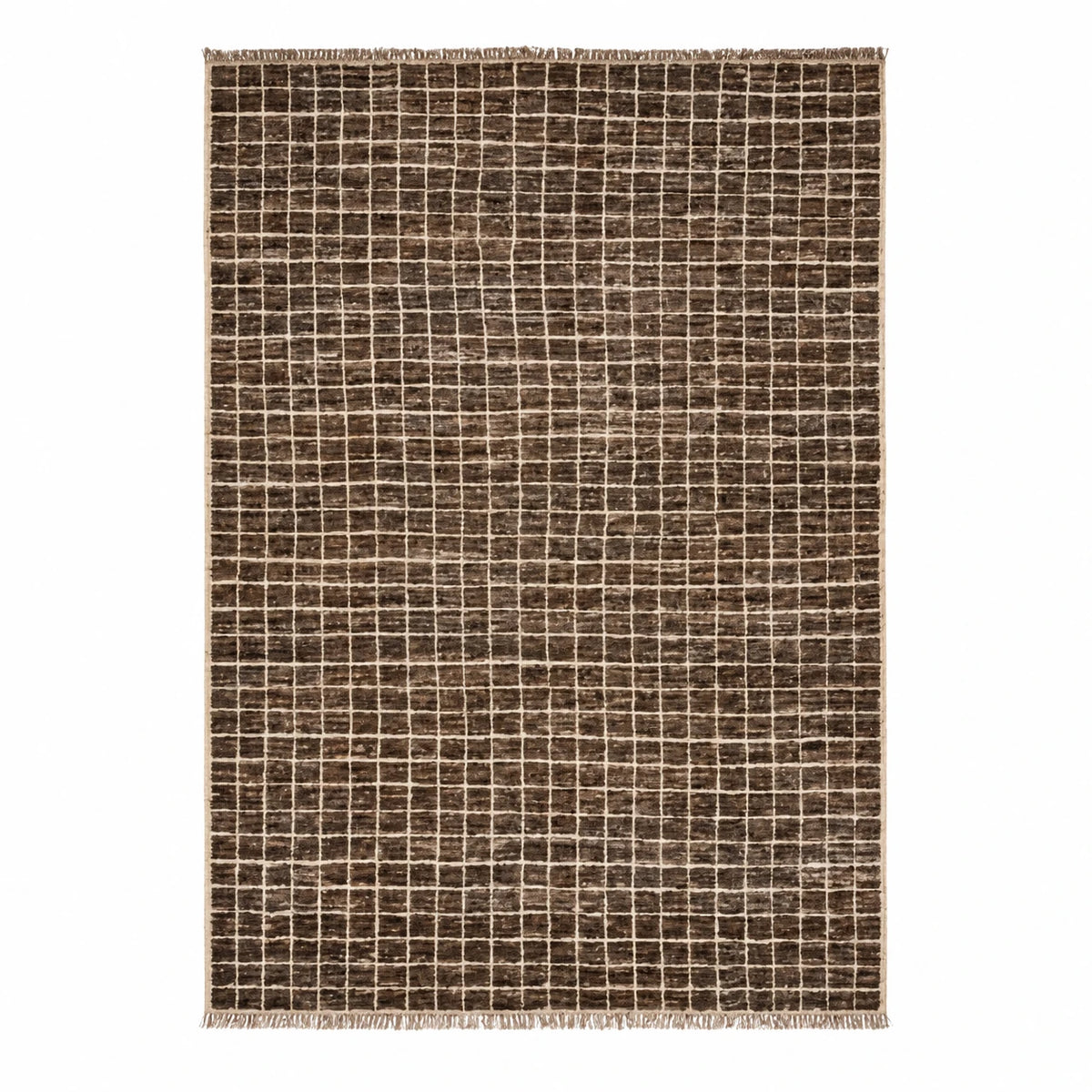 Front view of Moroccan wool rug, dark brown ground with a fine light grid