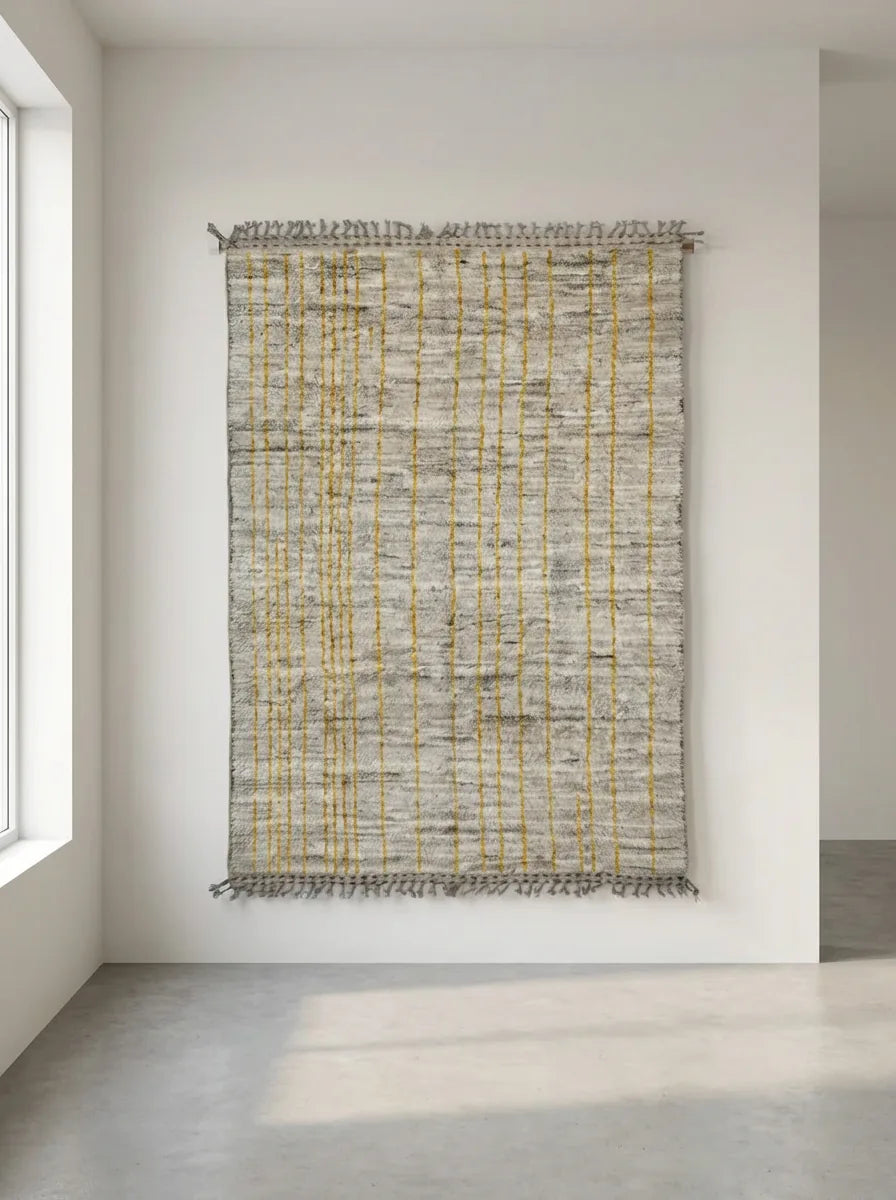 Moroccan wool rug, natural beige ground with a fine gray-brown grid, product view 2