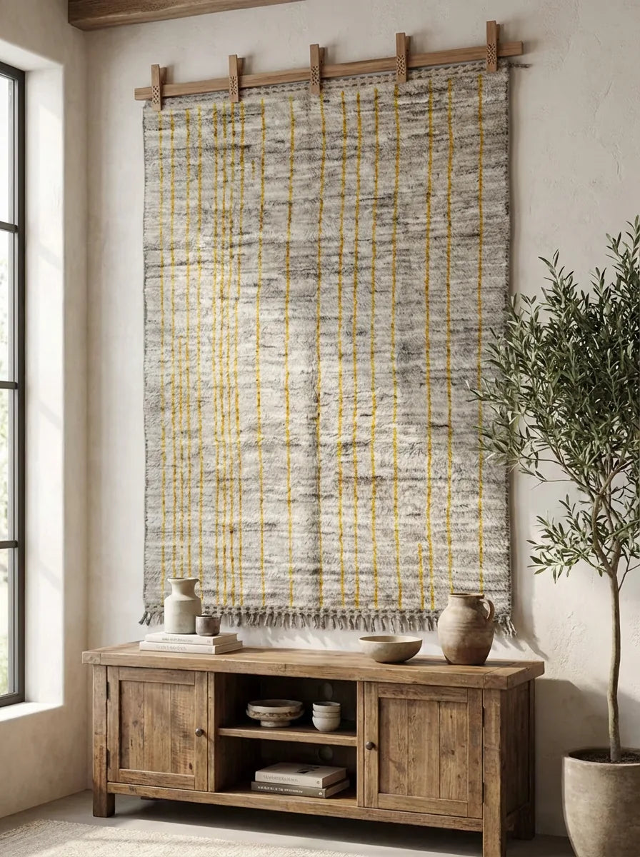 Moroccan wool rug, natural beige ground with a fine gray-brown grid, product view 3