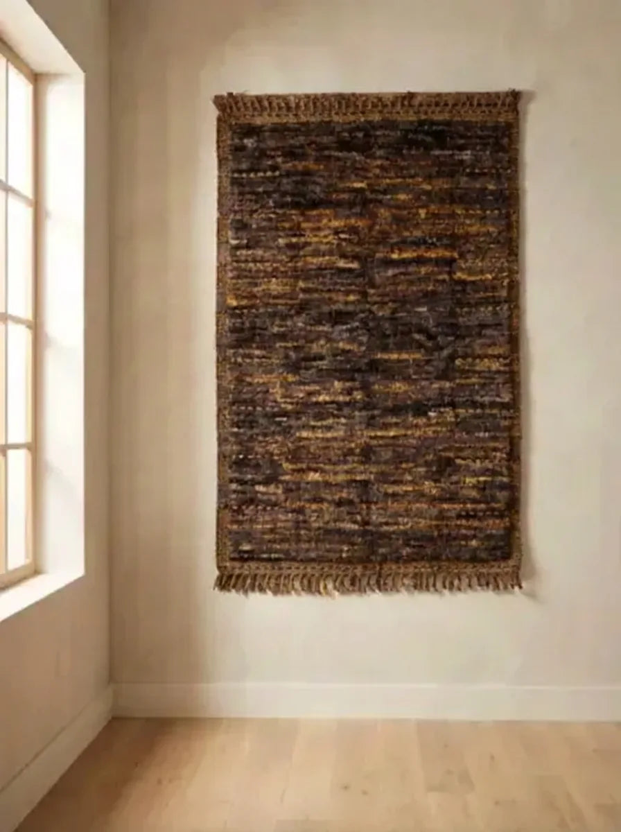 Moroccan wool rug, dark brown ground with lighter mottled linework, product view 2