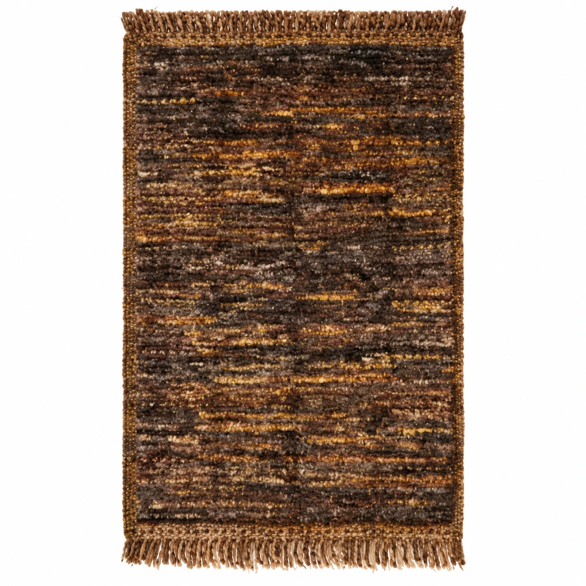 Front view of Moroccan wool rug, dark brown ground with lighter mottled linework
