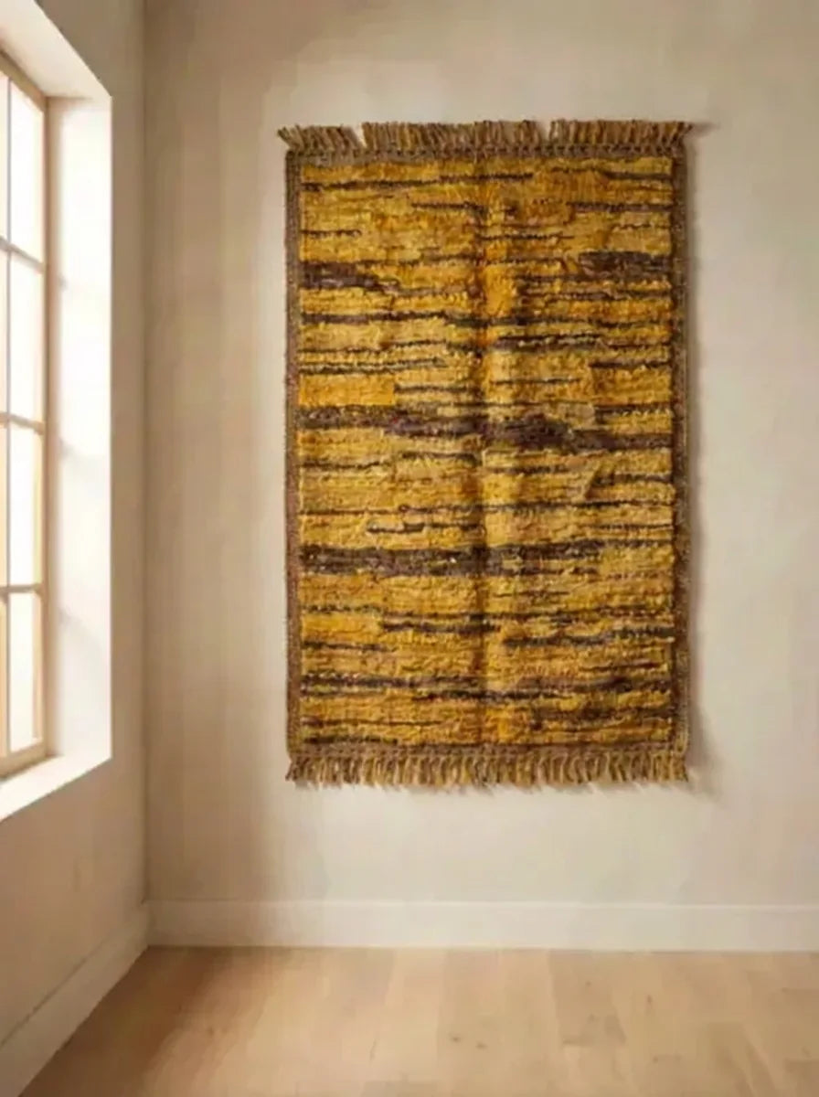 Moroccan wool rug, ochre yellow ground with dark horizontal bands, product view 2