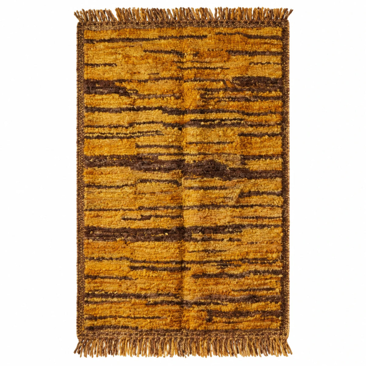 Front view of Moroccan wool rug, ochre yellow ground with dark horizontal bands