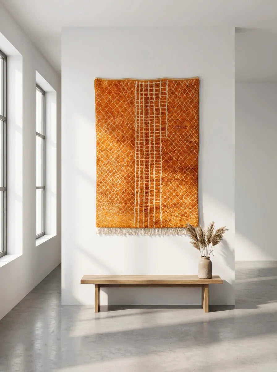 Moroccan wool rug, ochre ground with a dense cream line grid, product view 2