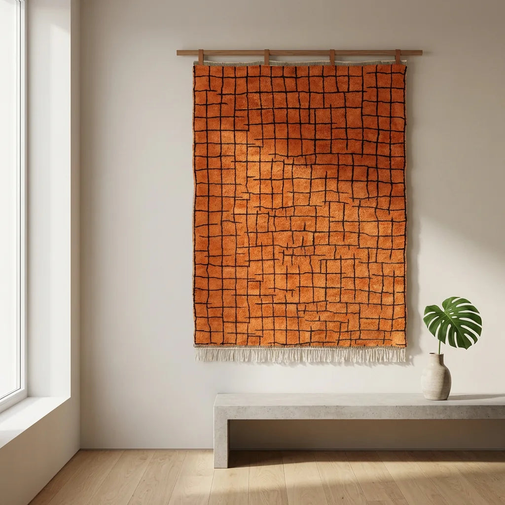 Moroccan wool rug, orange ground with a black rectangular grid, product view 2