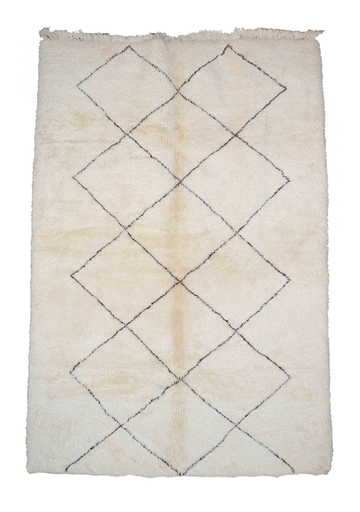 Front view of Moroccan wool rug, cream ground with a vertical row of large black diamonds