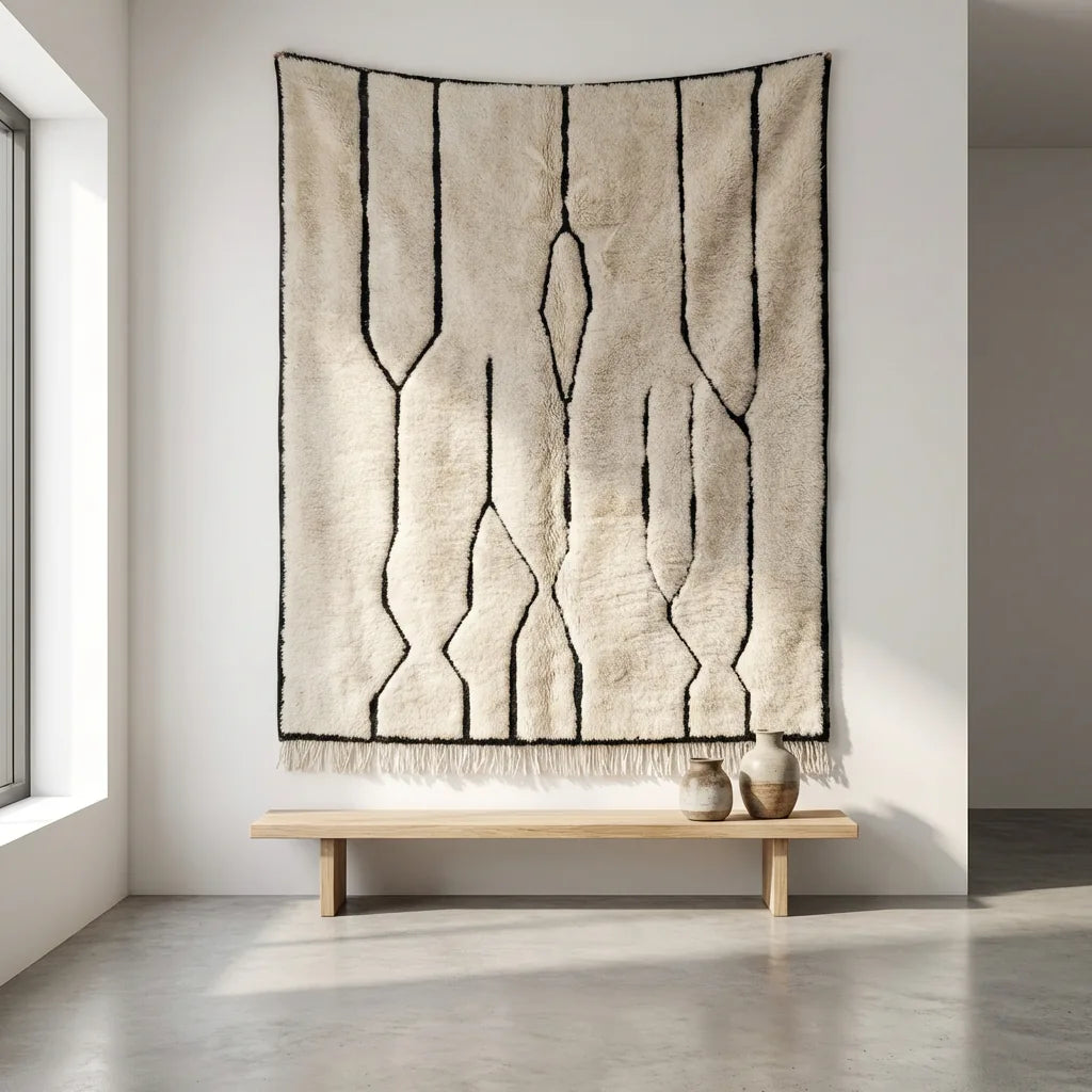 Moroccan wool rug, cream ground with black vertical lines and narrow diamonds, product view 2