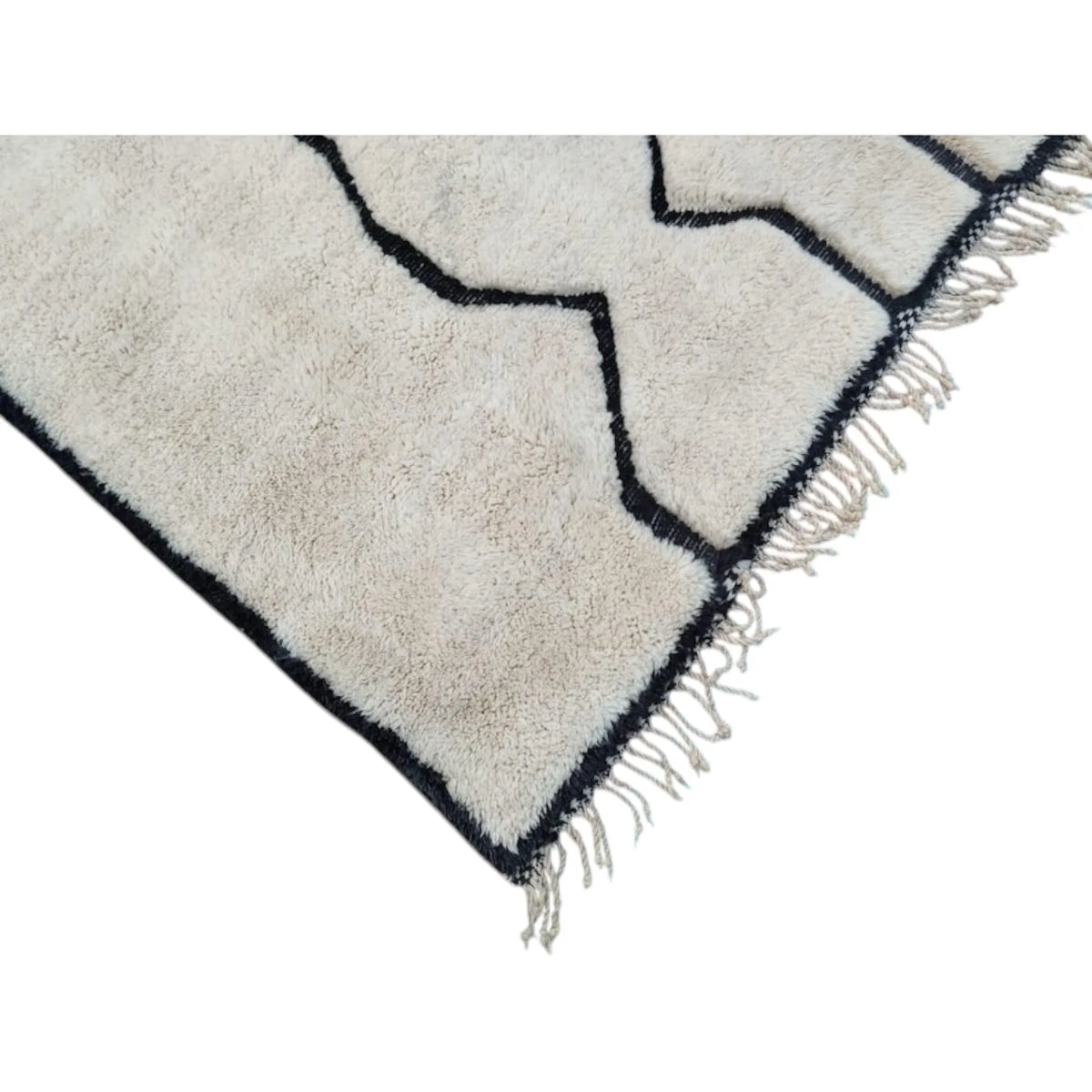 Moroccan wool rug, cream ground with black vertical lines and narrow diamonds, product view 4