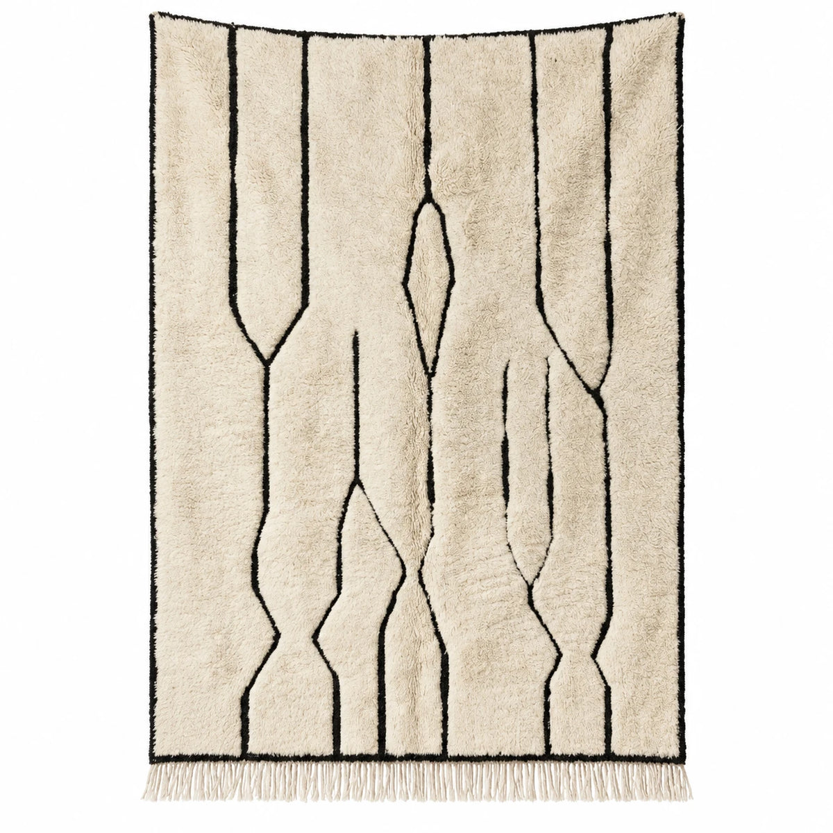 Front view of Moroccan wool rug, cream ground with black vertical lines and narrow diamonds