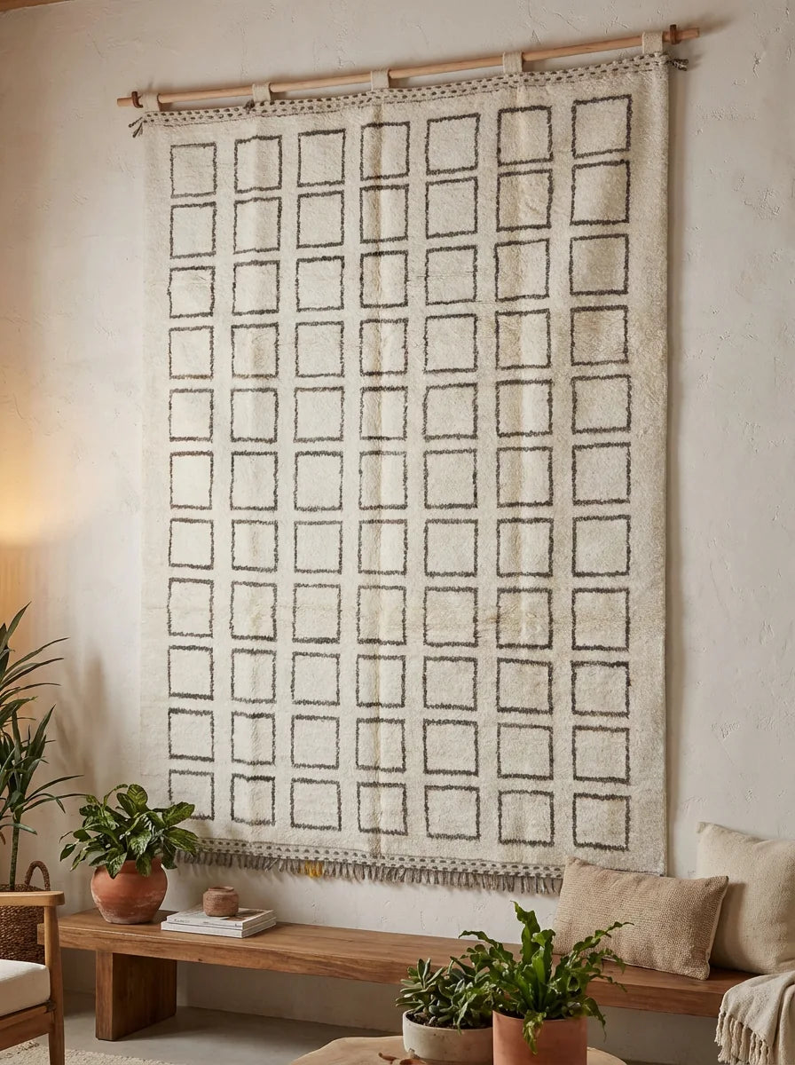 Moroccan wool rug, cream ground with dark outlined rectangles, product view 3