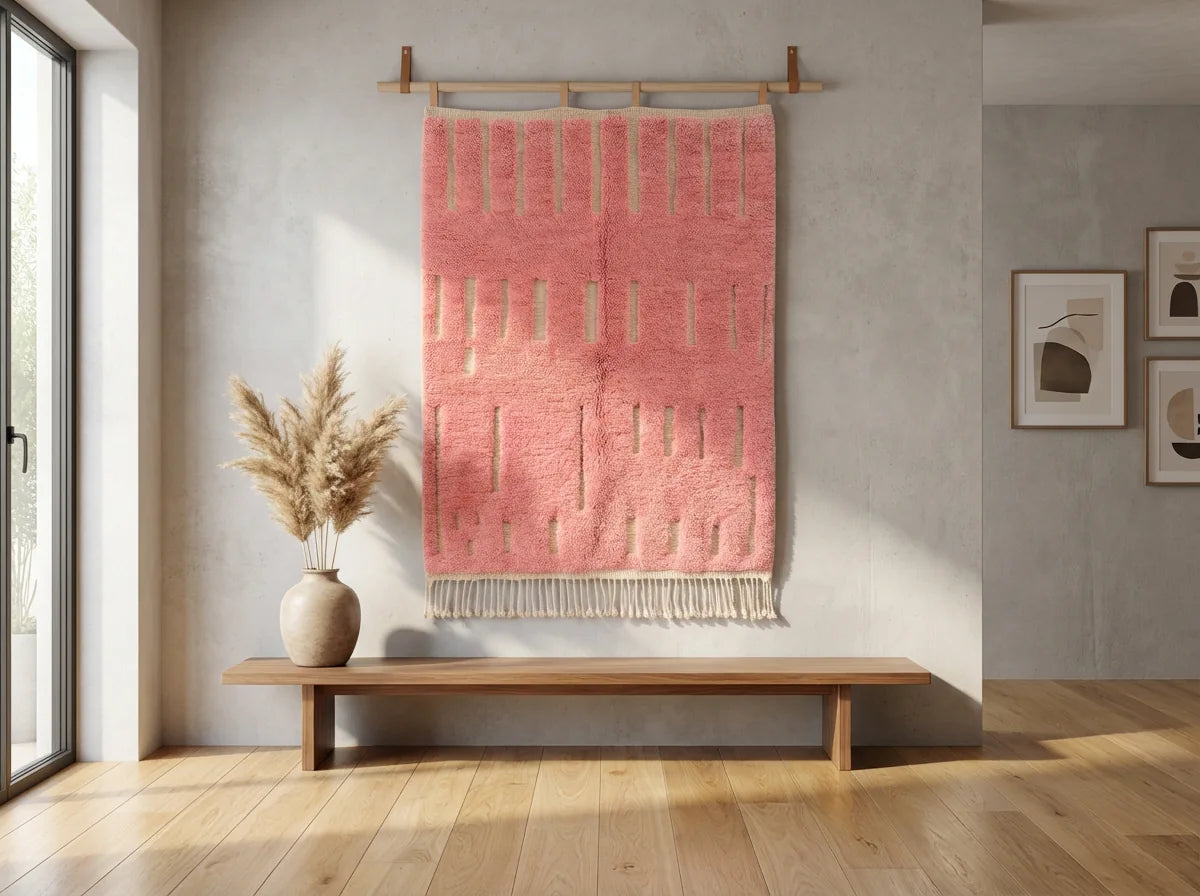 Moroccan wool rug, pink ground with fine light lines, product view 2