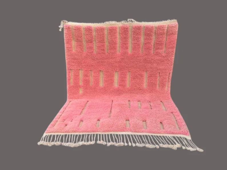 Moroccan wool rug, pink ground with fine light lines, product view 3