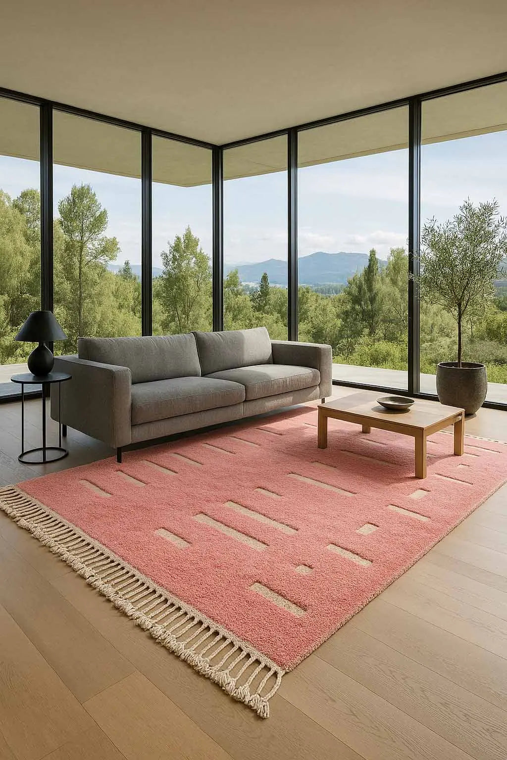 Moroccan wool rug, pink ground with fine light lines, product view 4