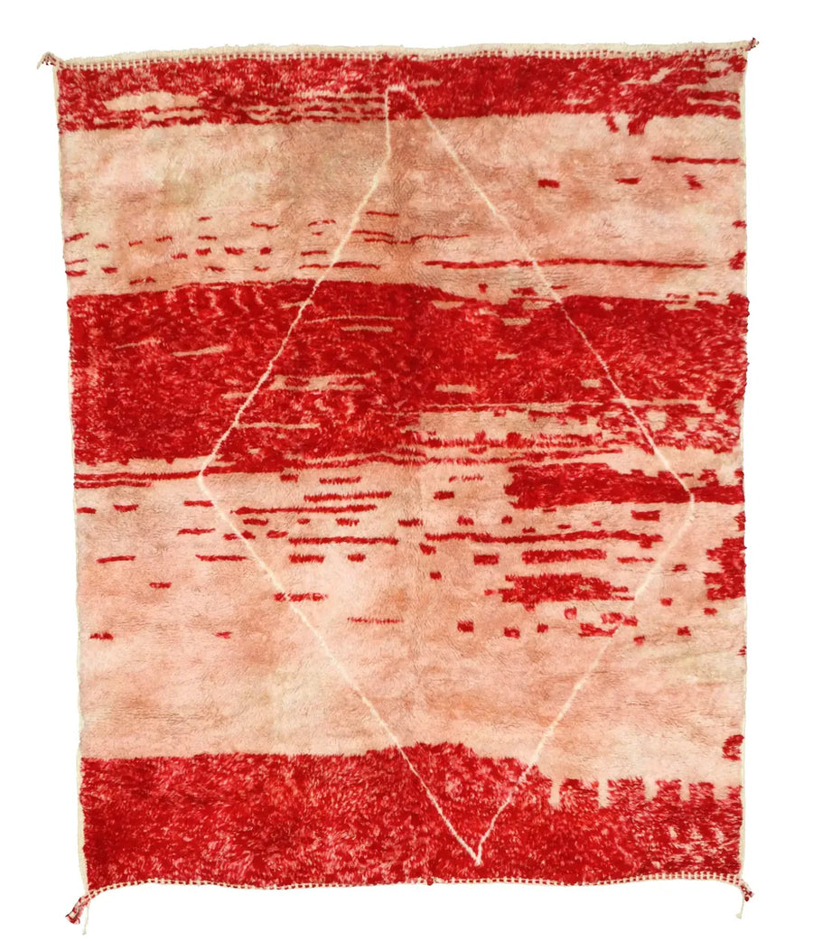 Front view of Moroccan wool rug, red and cream ground with broad irregular horizontal bands