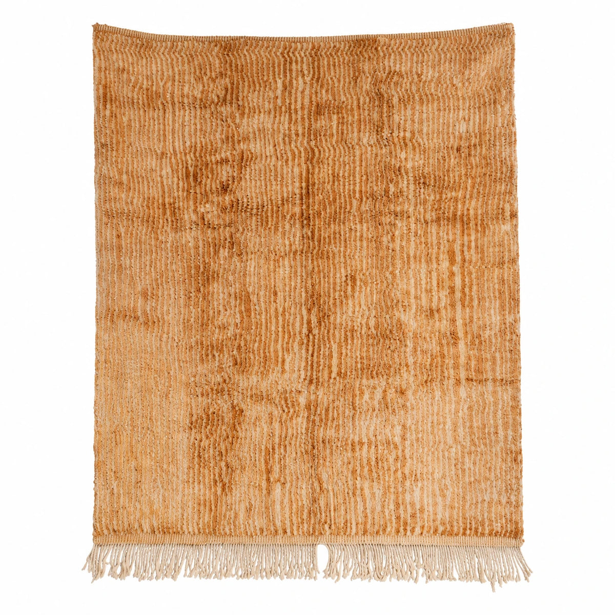 Front view of Moroccan wool rug, warm sand beige ground with a tonal color texture