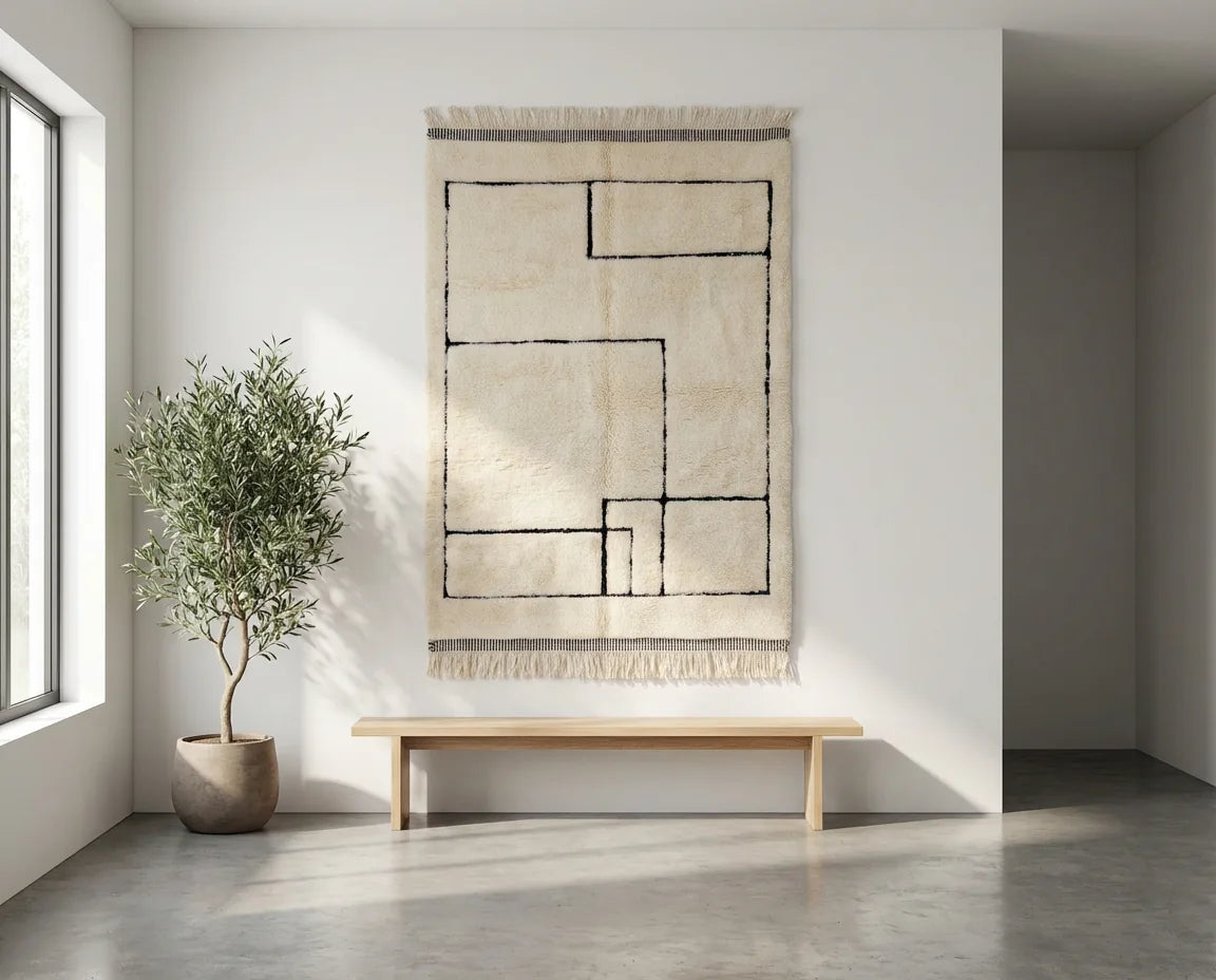 Moroccan wool rug, cream ground with a black rectangular border and asymmetrical lines, product view 2
