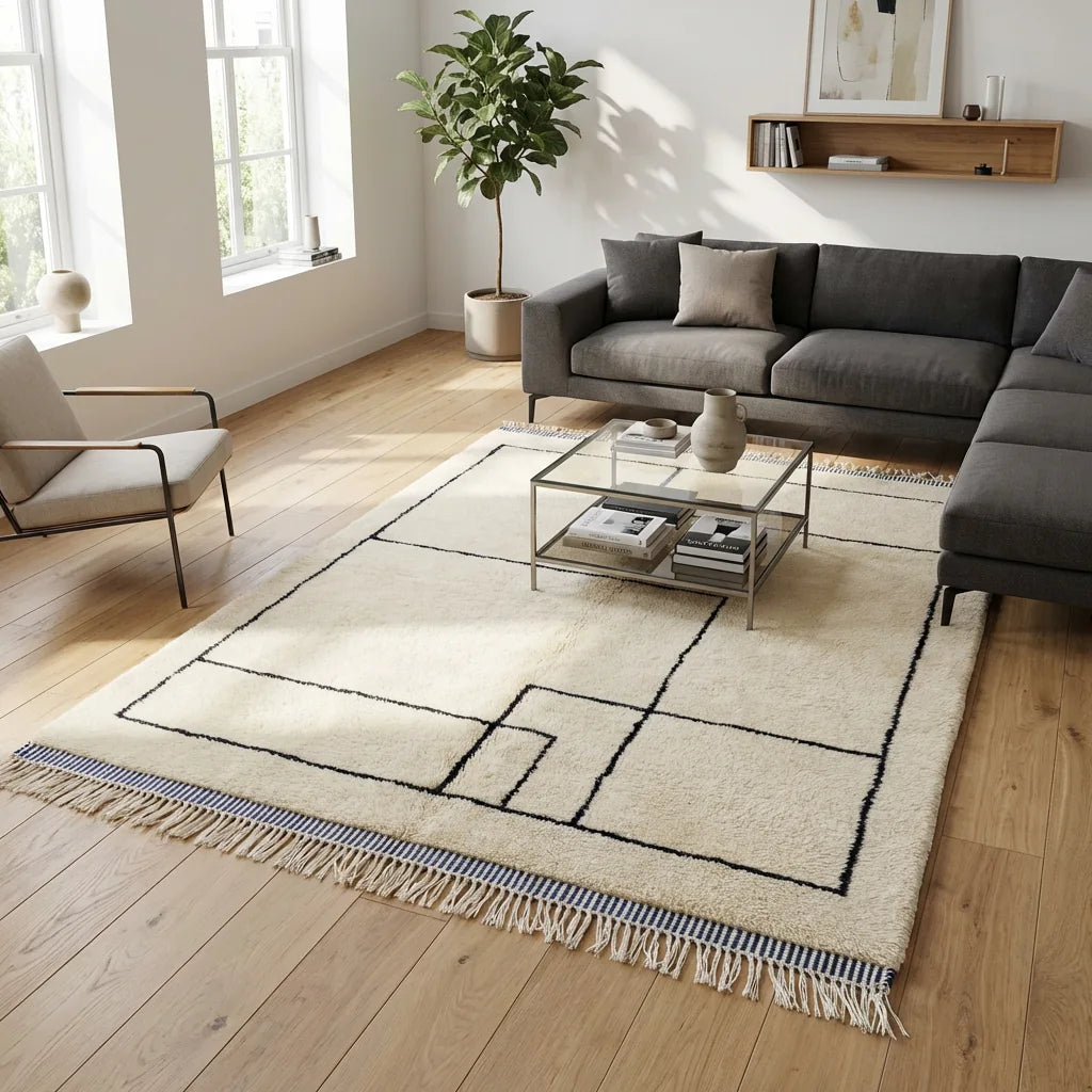 Moroccan wool rug, cream ground with a black rectangular border and asymmetrical lines, product view 3