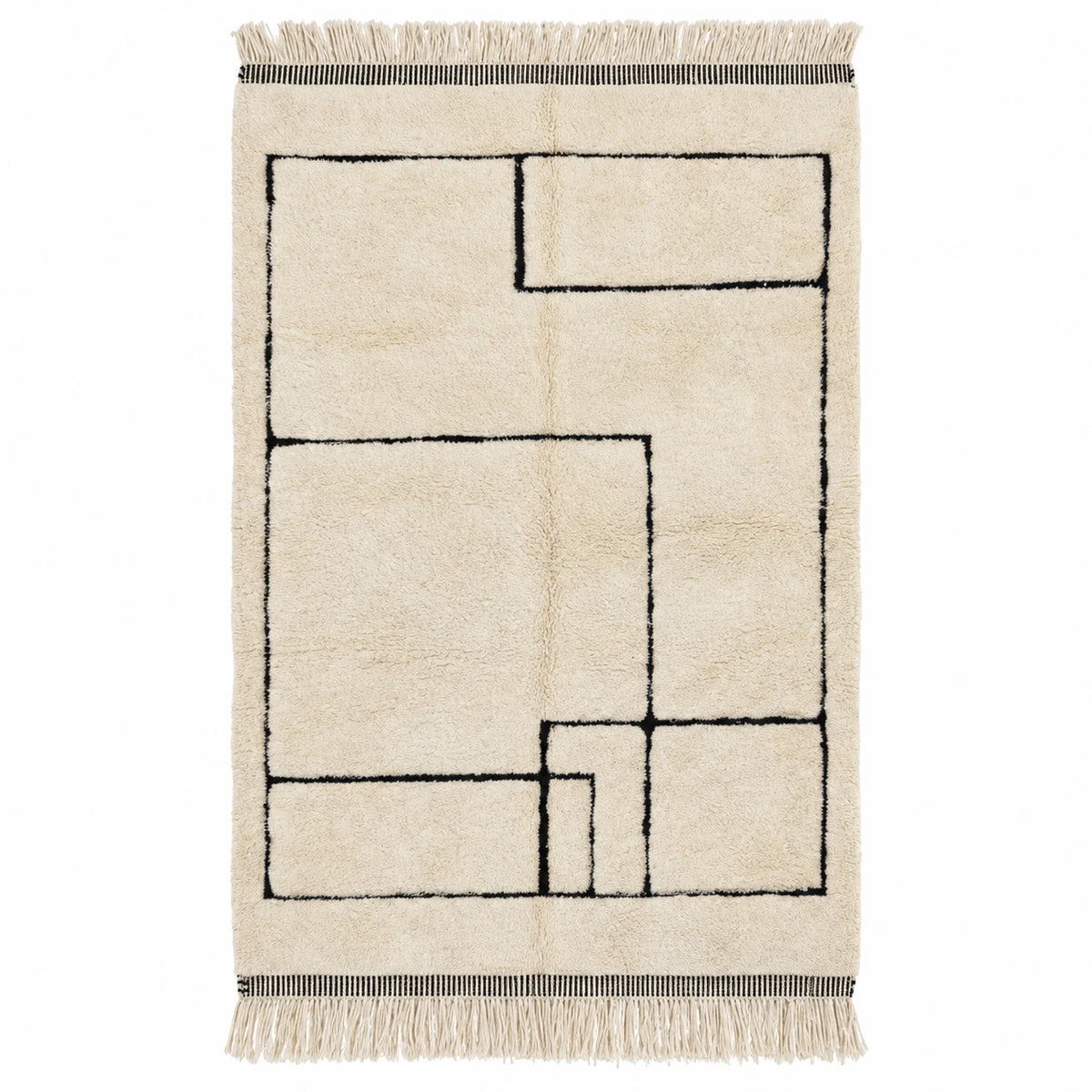 Front view of Moroccan wool rug, cream ground with a black rectangular border and asymmetrical lines