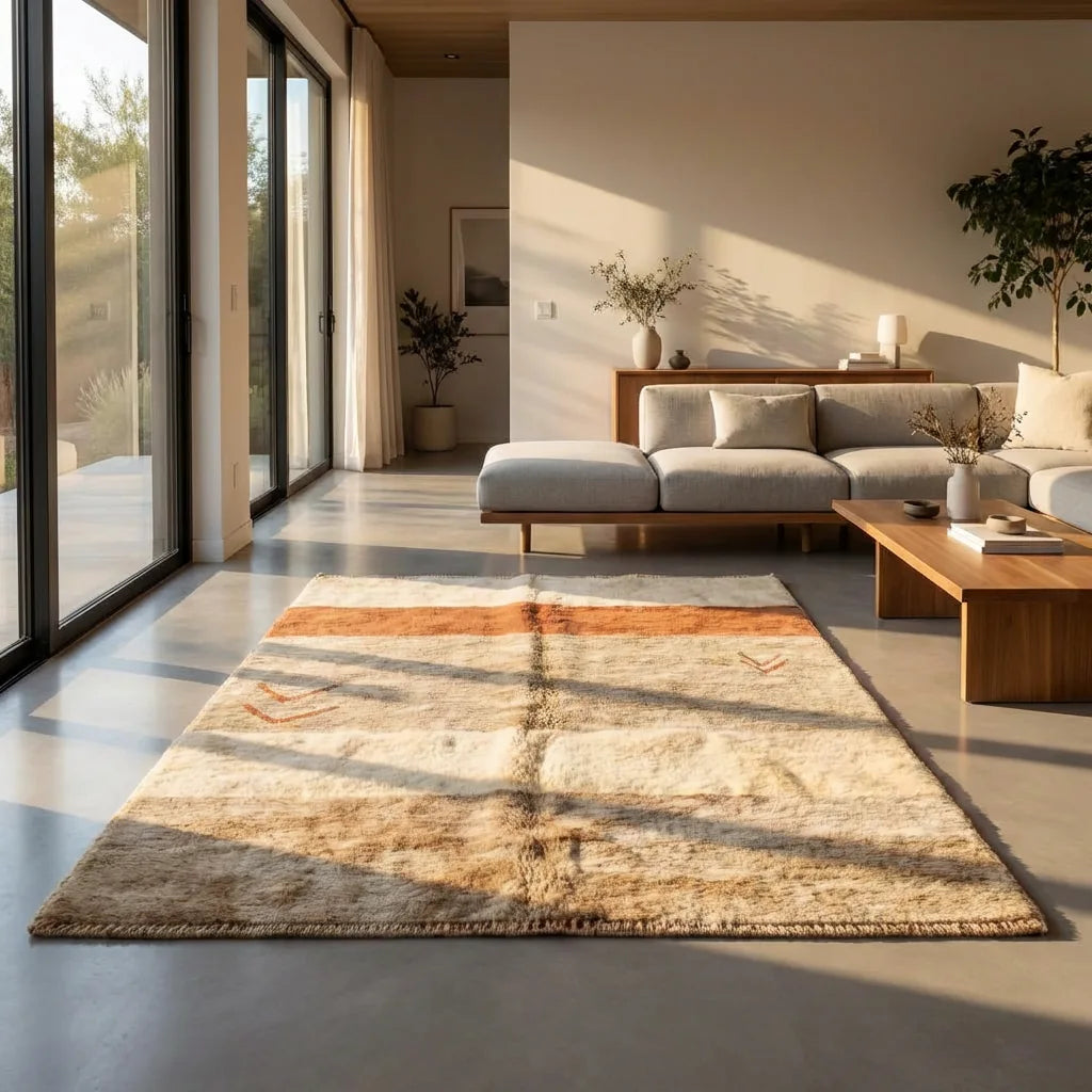 Moroccan wool rug, beige and brown ground with a rust-colored horizontal band, product view 3