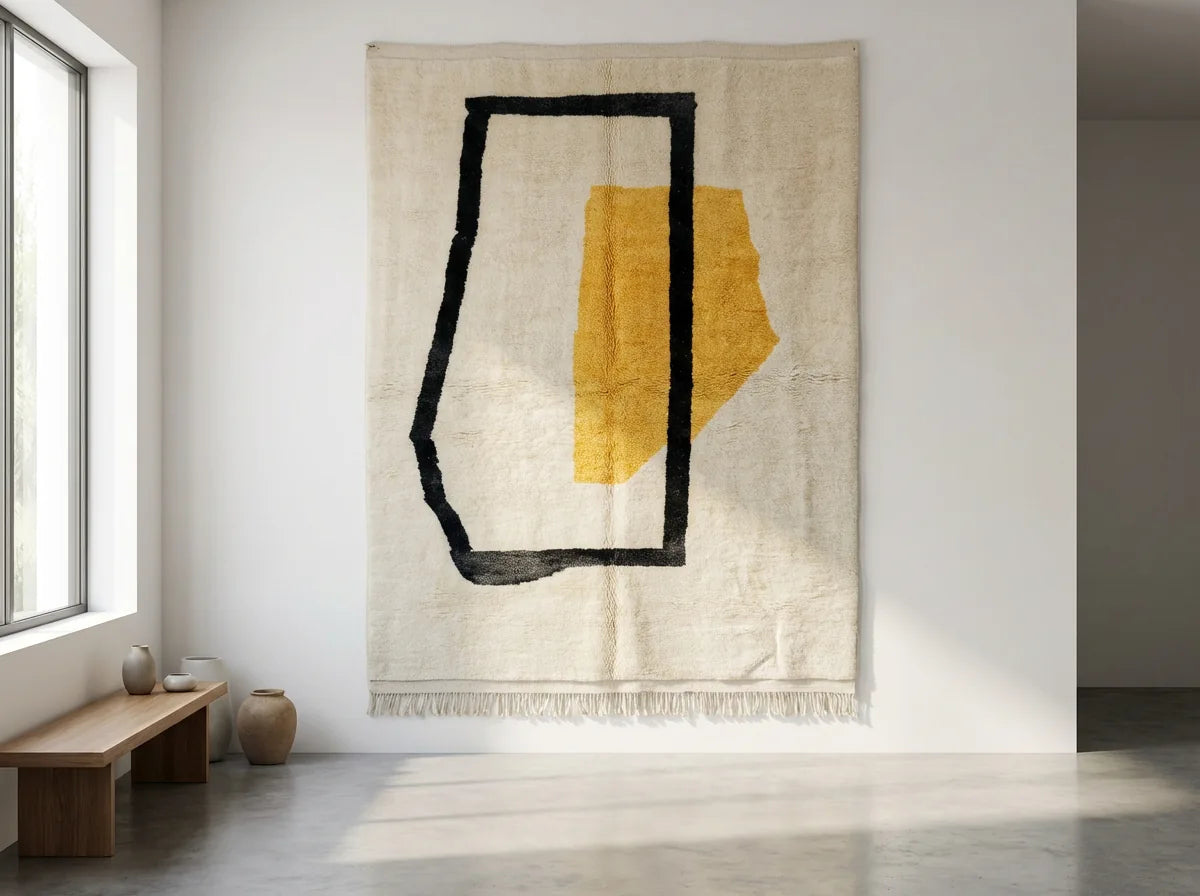 Moroccan wool rug, cream ground with a black outline and a yellow color block, product view 2