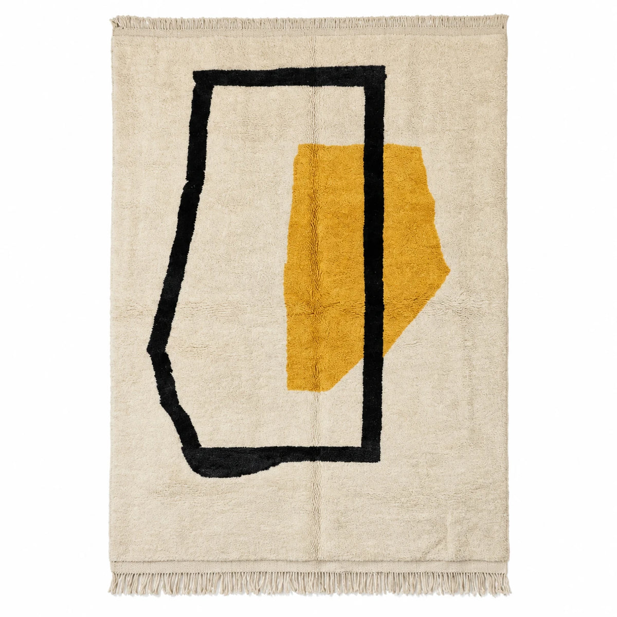 Front view of Moroccan wool rug, cream ground with a black outline and a yellow color block