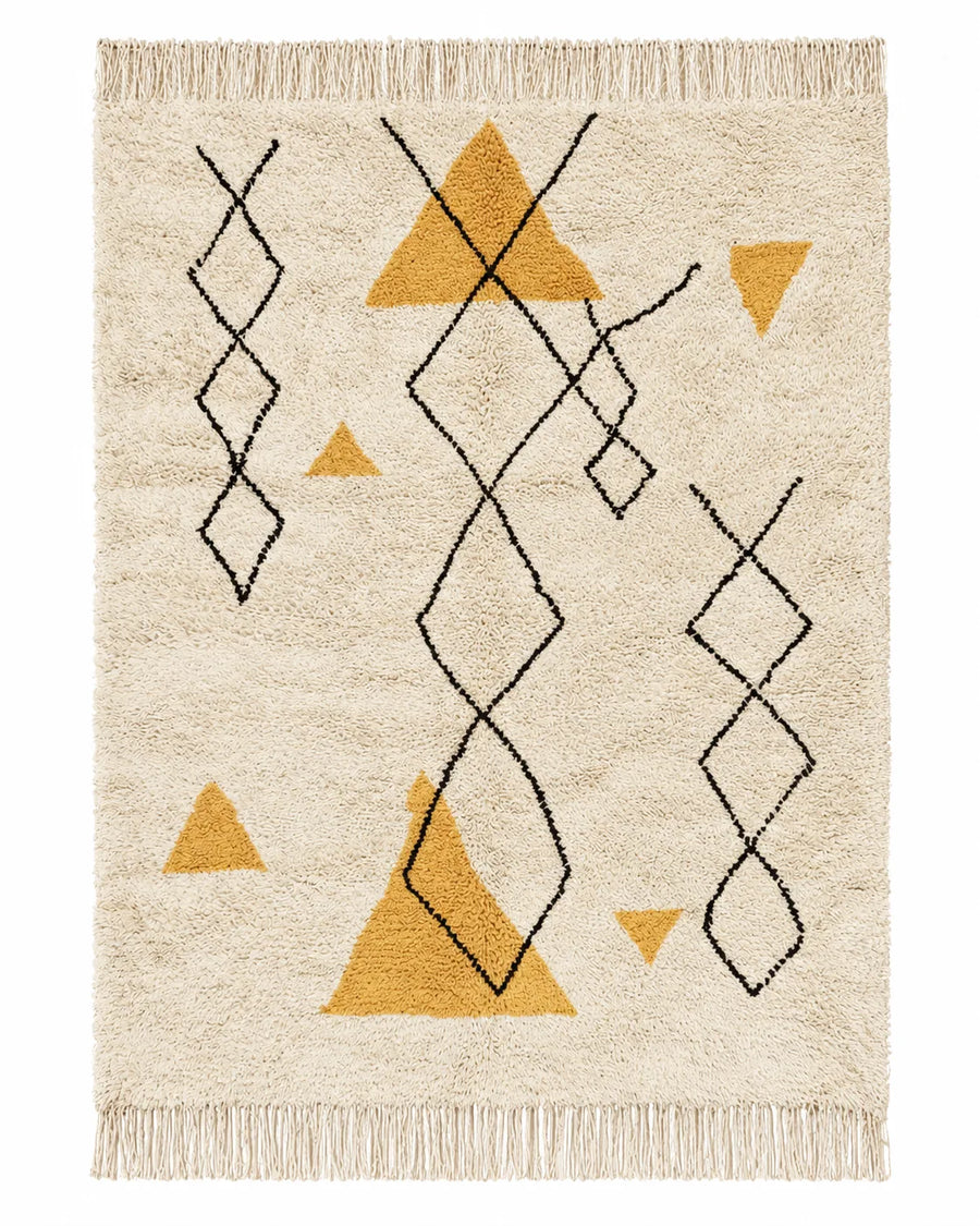 Front view of Beni Ourain wool rug, fine black diamond lines and mustard yellow triangles on cream