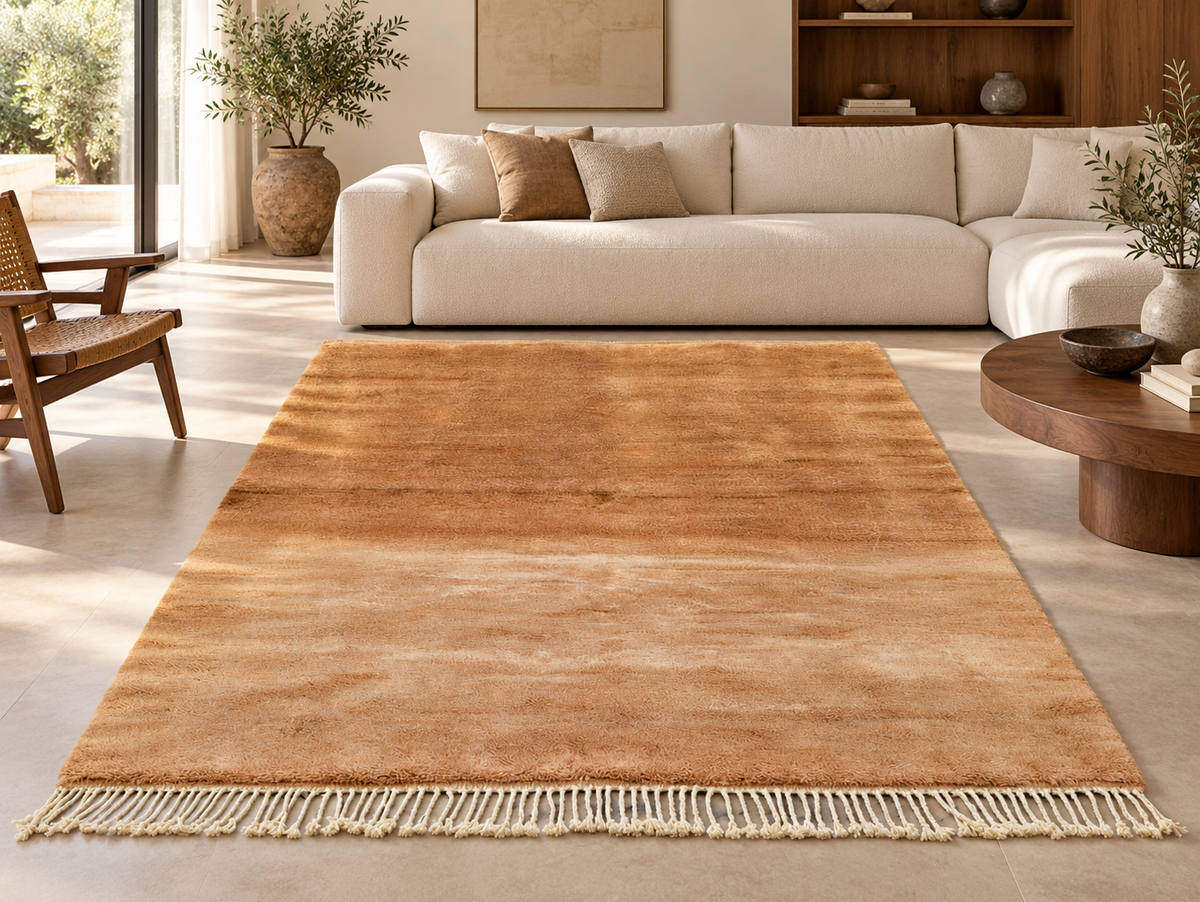 Room visualization featuring Amber Moroccan Wool Rug with Fringe, 365 × 215 cm.