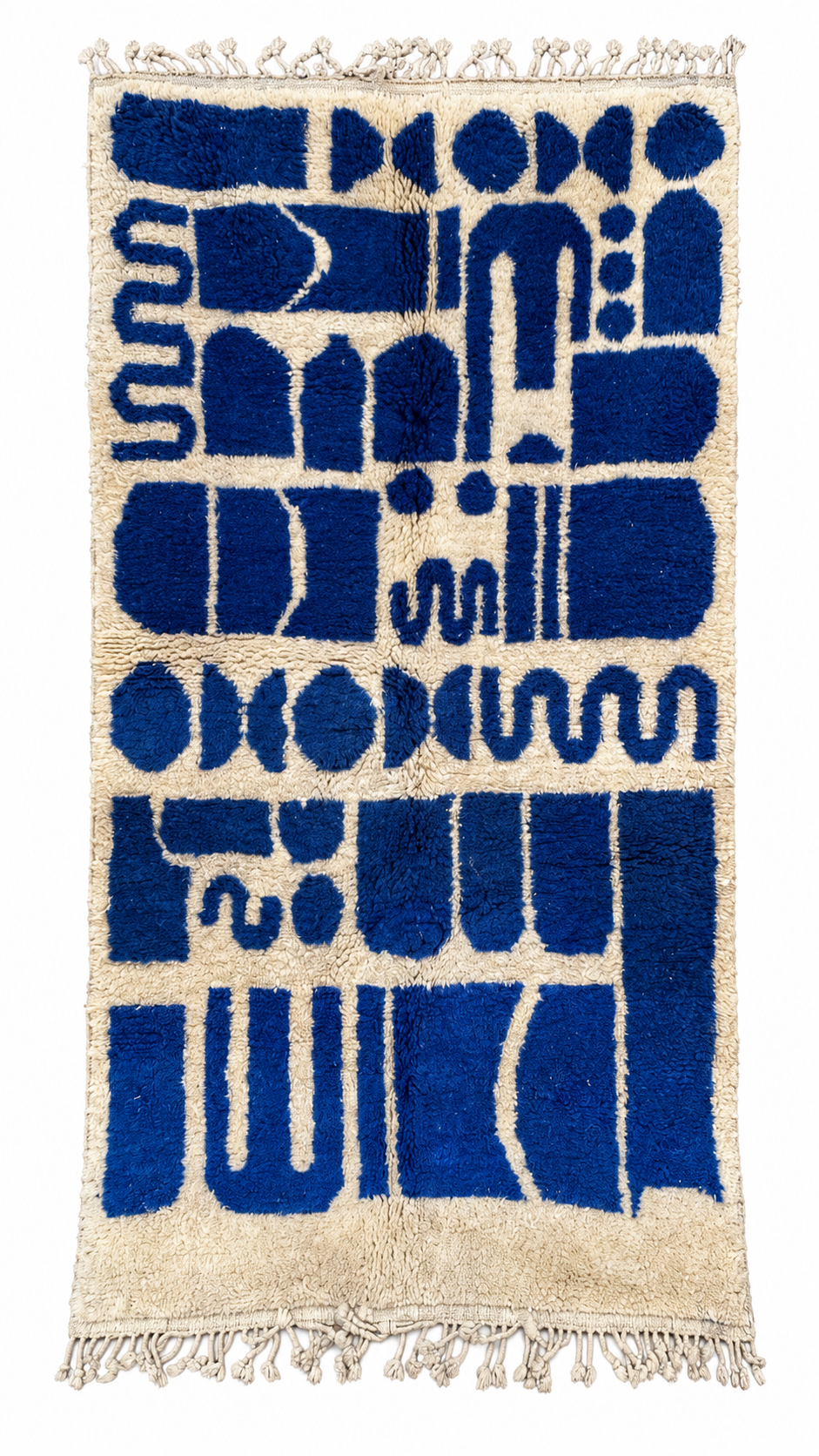 Full view of Blue and Cream Moroccan Rug with Abstract Pattern, 240 × 135 cm.