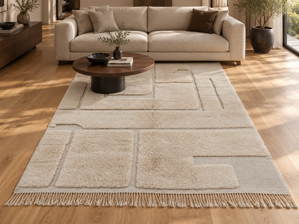 Room visualization featuring Cream Moroccan Wool Rug with Abstract Relief, 317 × 220 cm.