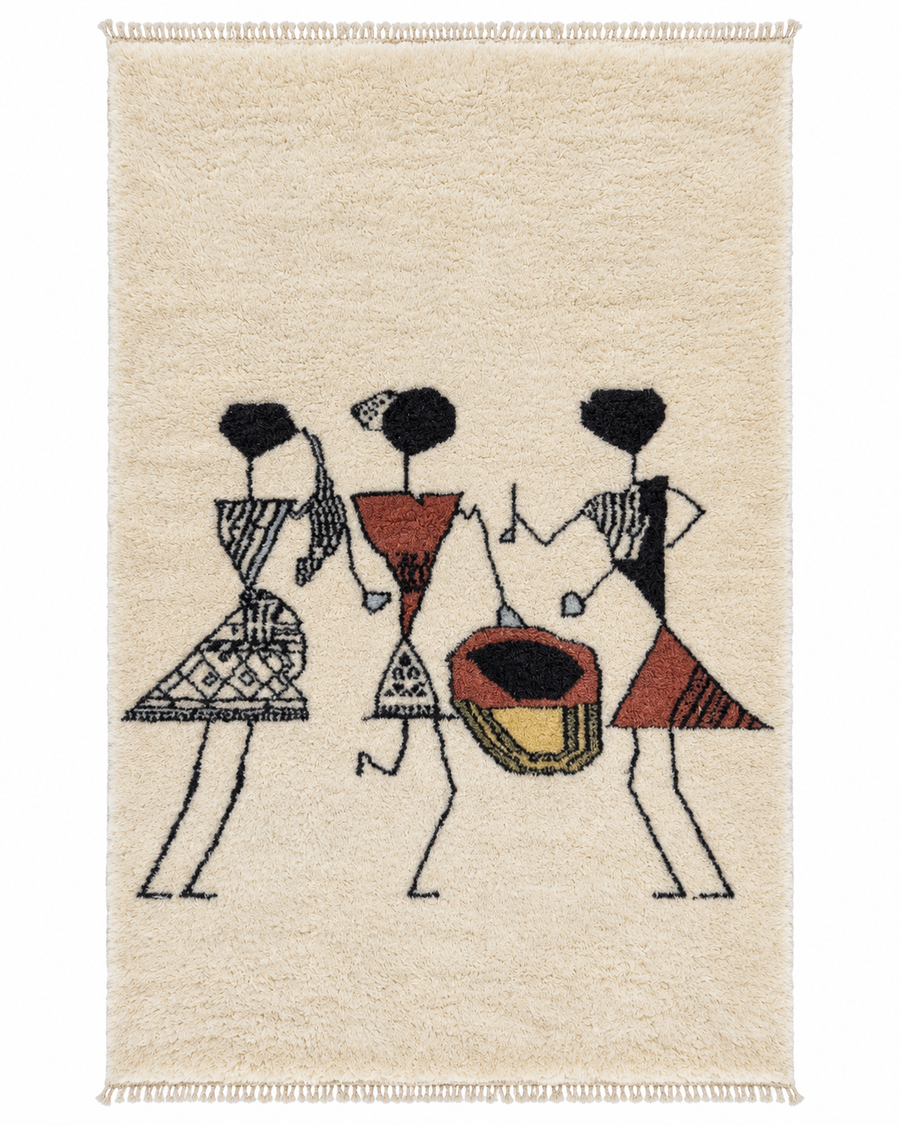 Cream Moroccan Wool Rug with Musician Motif, approx. 305 × 198 cm.