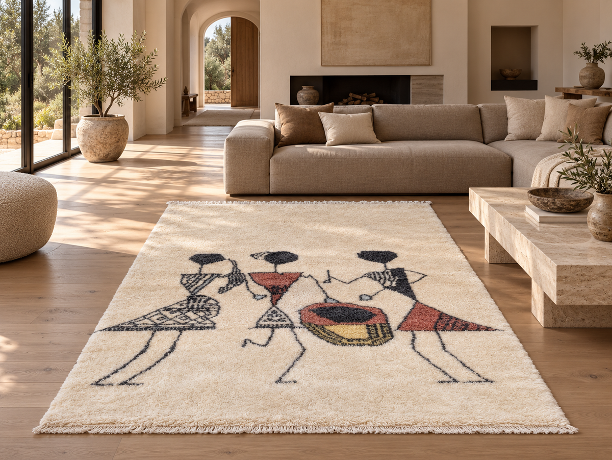 Room visualization featuring Cream Moroccan Wool Rug with Musician Motif, 305 × 198 cm.
