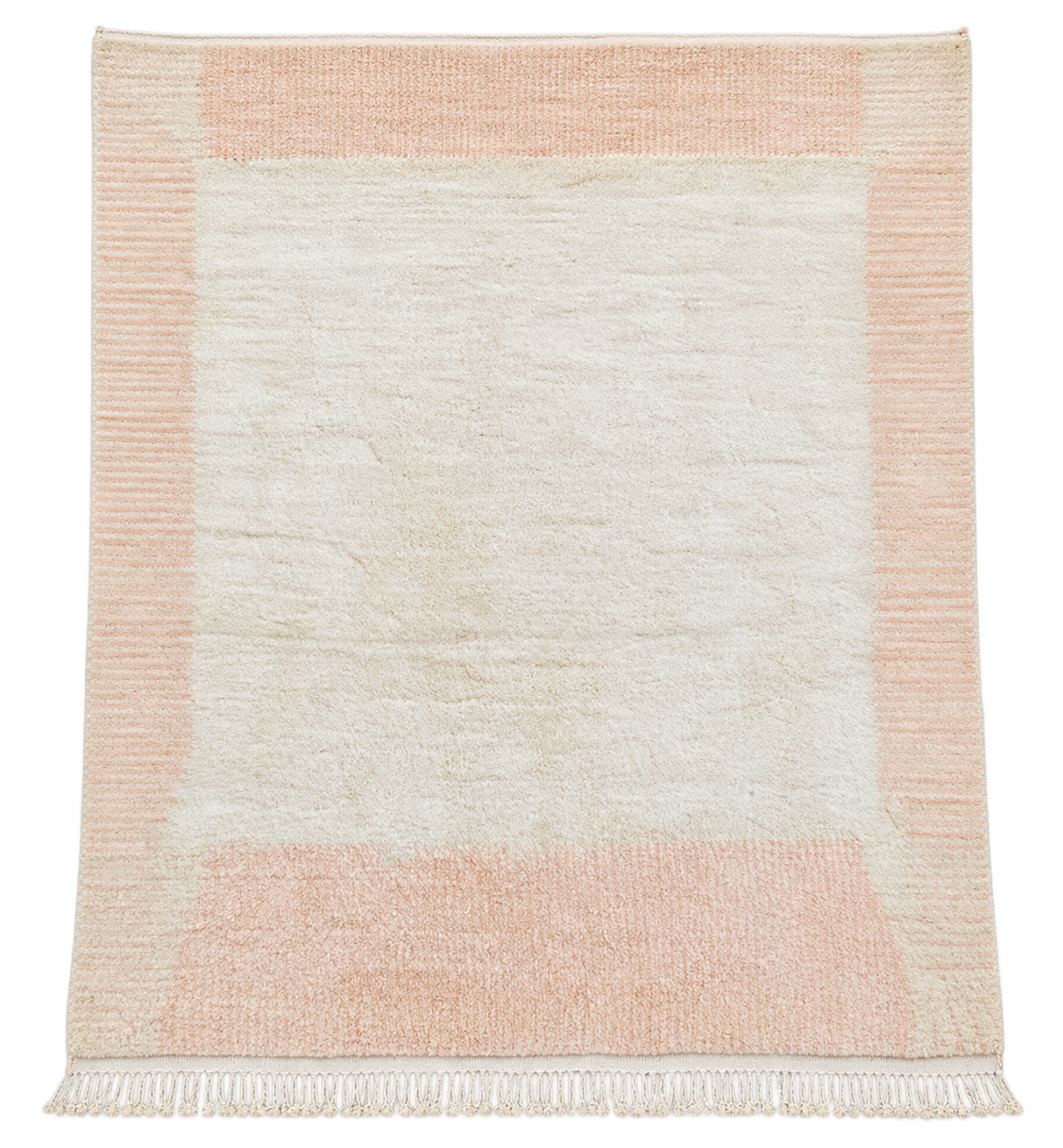 Cream and Peach Moroccan Rug with Border, 428 × 397 cm.