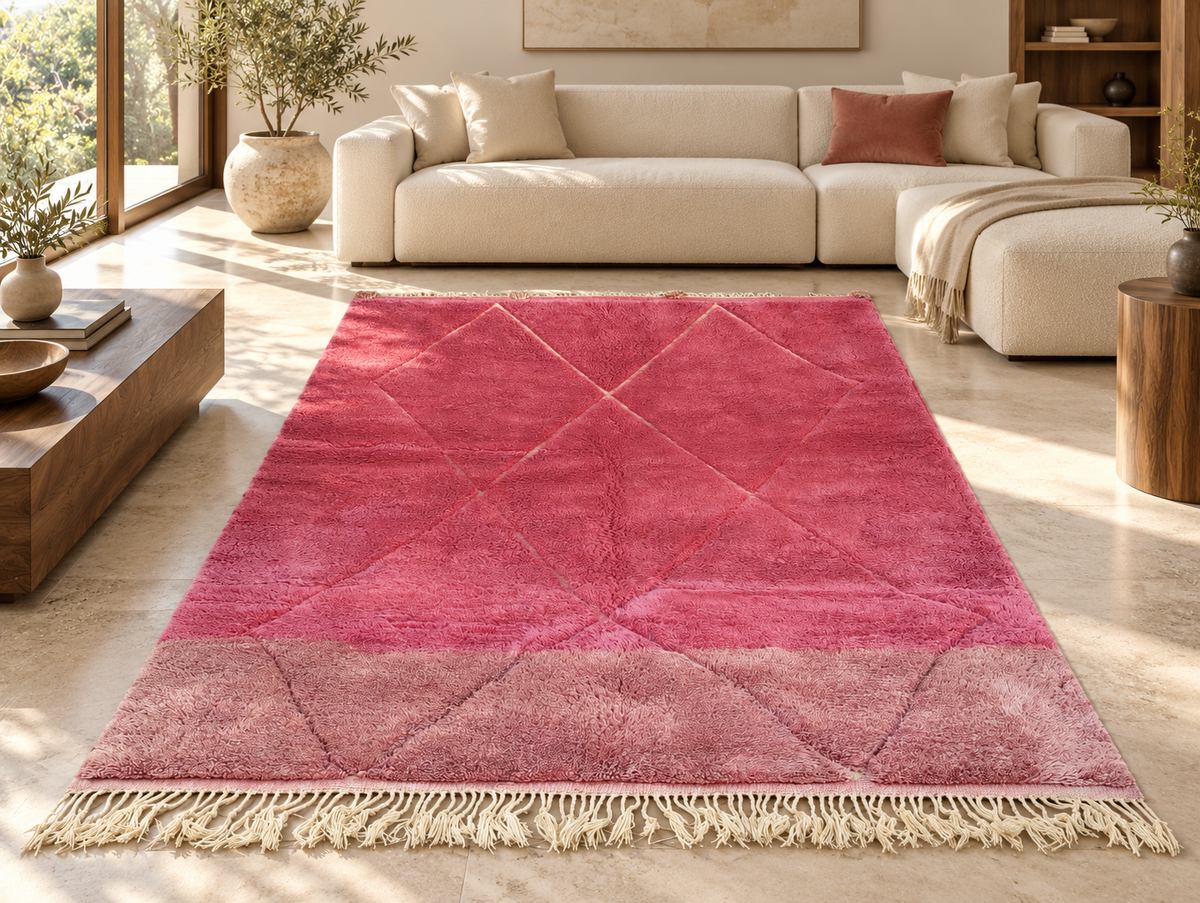 Room visualization featuring Pink Moroccan Wool Rug with Large Diamonds, 303 × 206 cm.