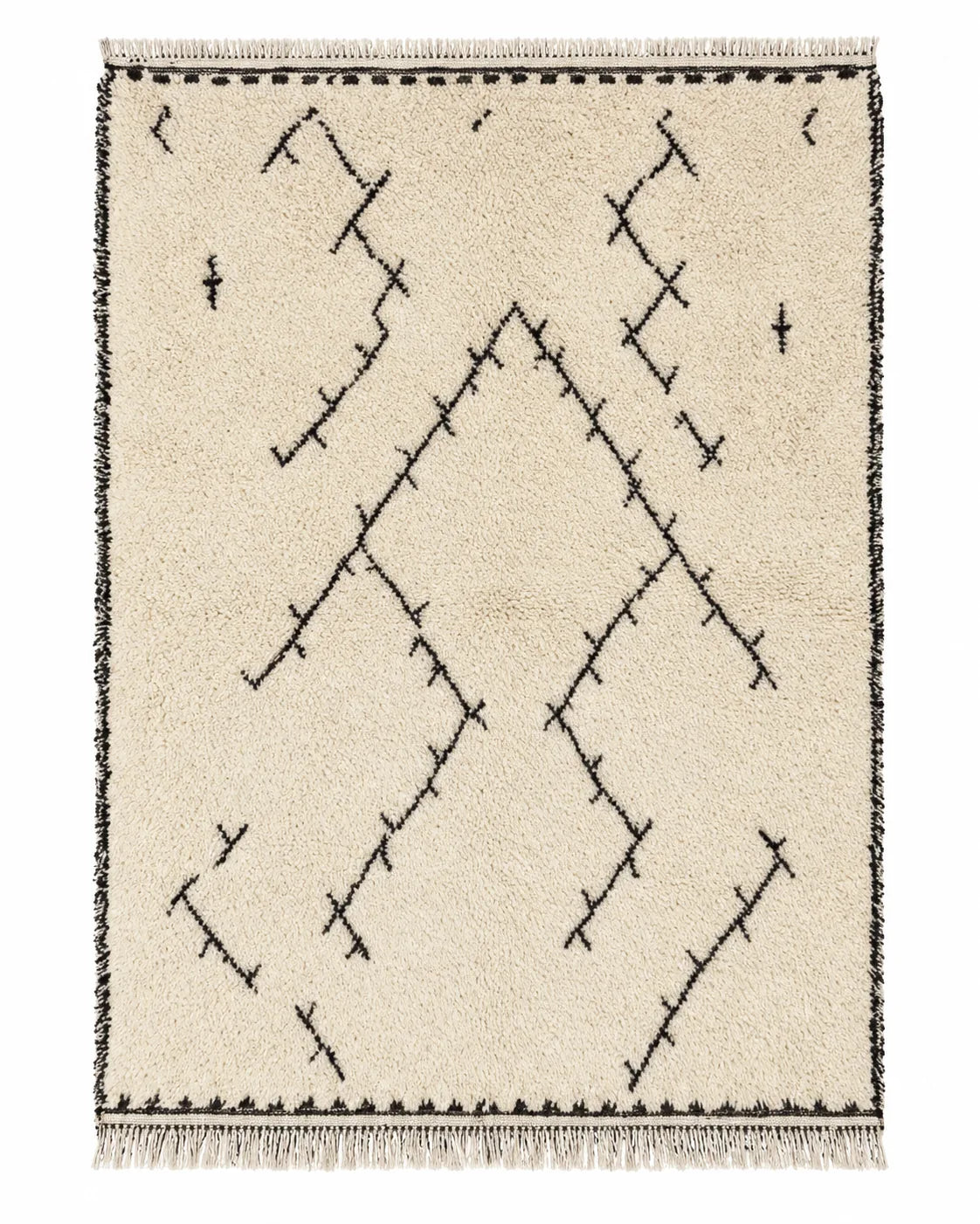 Front view of Beni Ourain wool rug, black arrow-like and branching symbols on a cream wool ground