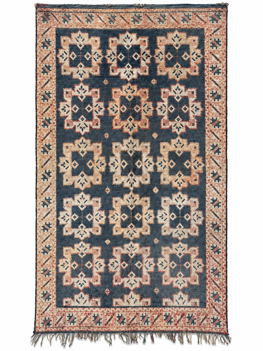 Blue Vintage Moroccan Rug with Cream Medallions, 310 × 167 cm.
