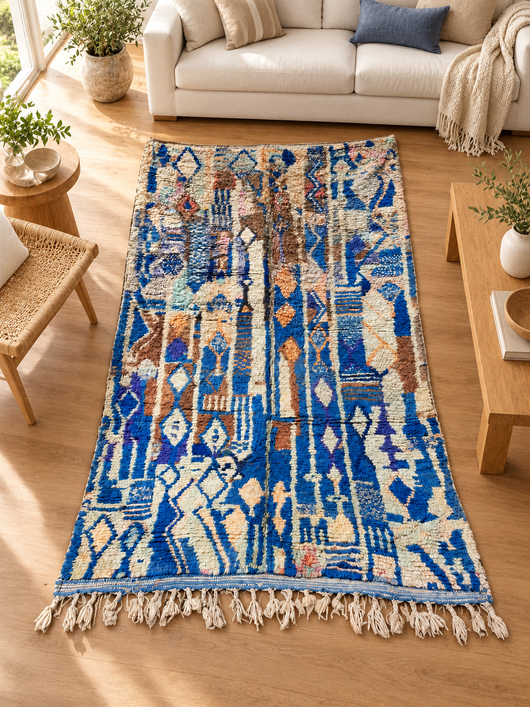 AI-generated room inspiration: Blue Vintage Moroccan Rug with Elongated Motifs, 260 × 157 cm.