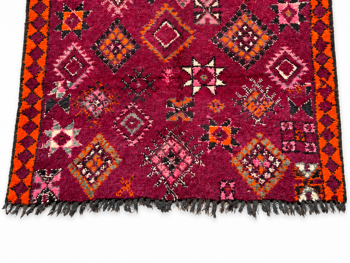 Edge detail of Burgundy Vintage Moroccan Rug with Geometric Motifs, 260 × 176 cm.