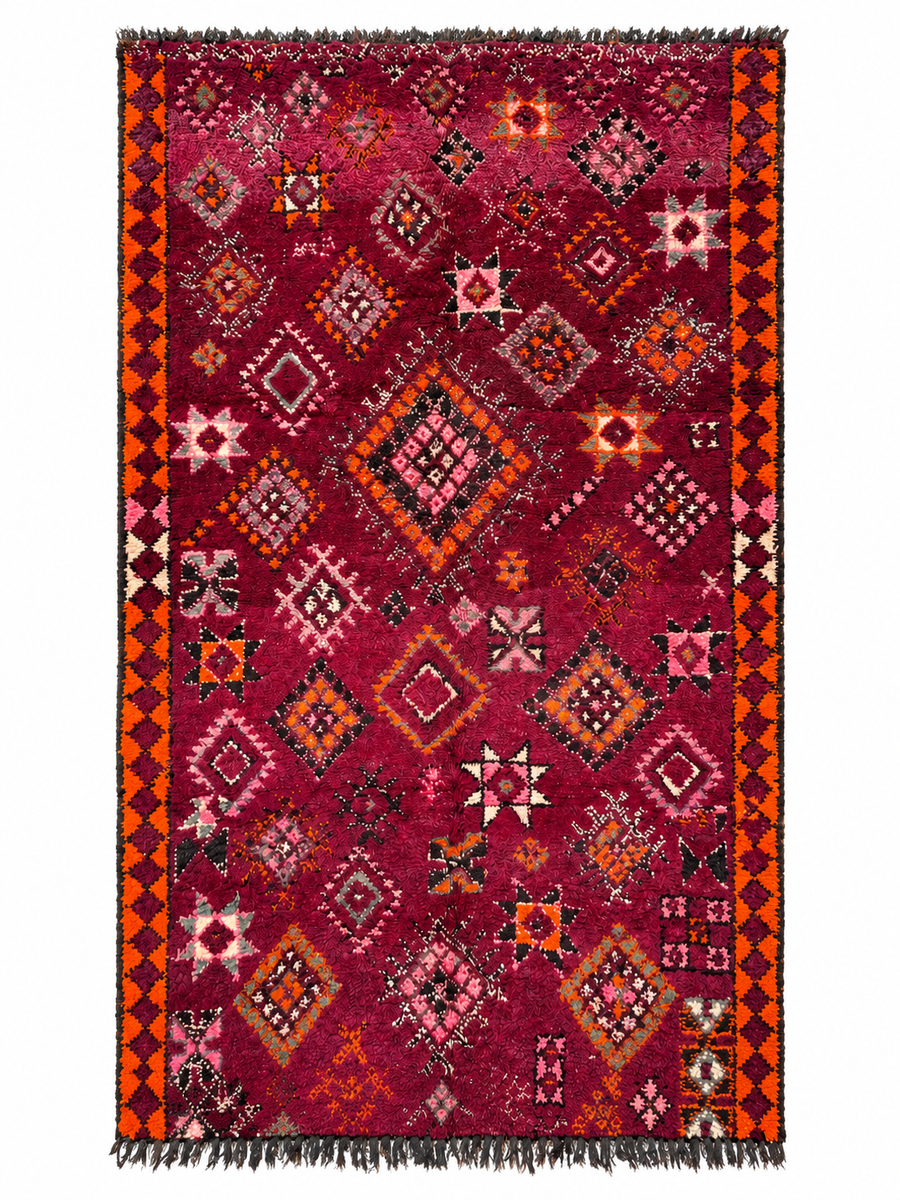 Burgundy Vintage Moroccan Rug with Geometric Motifs, 260 × 176 cm.