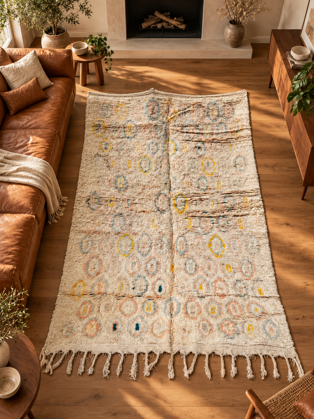 AI-generated room inspiration: Cream Vintage Moroccan Rug with Yellow Geometric Motifs, 300 × 200 cm.