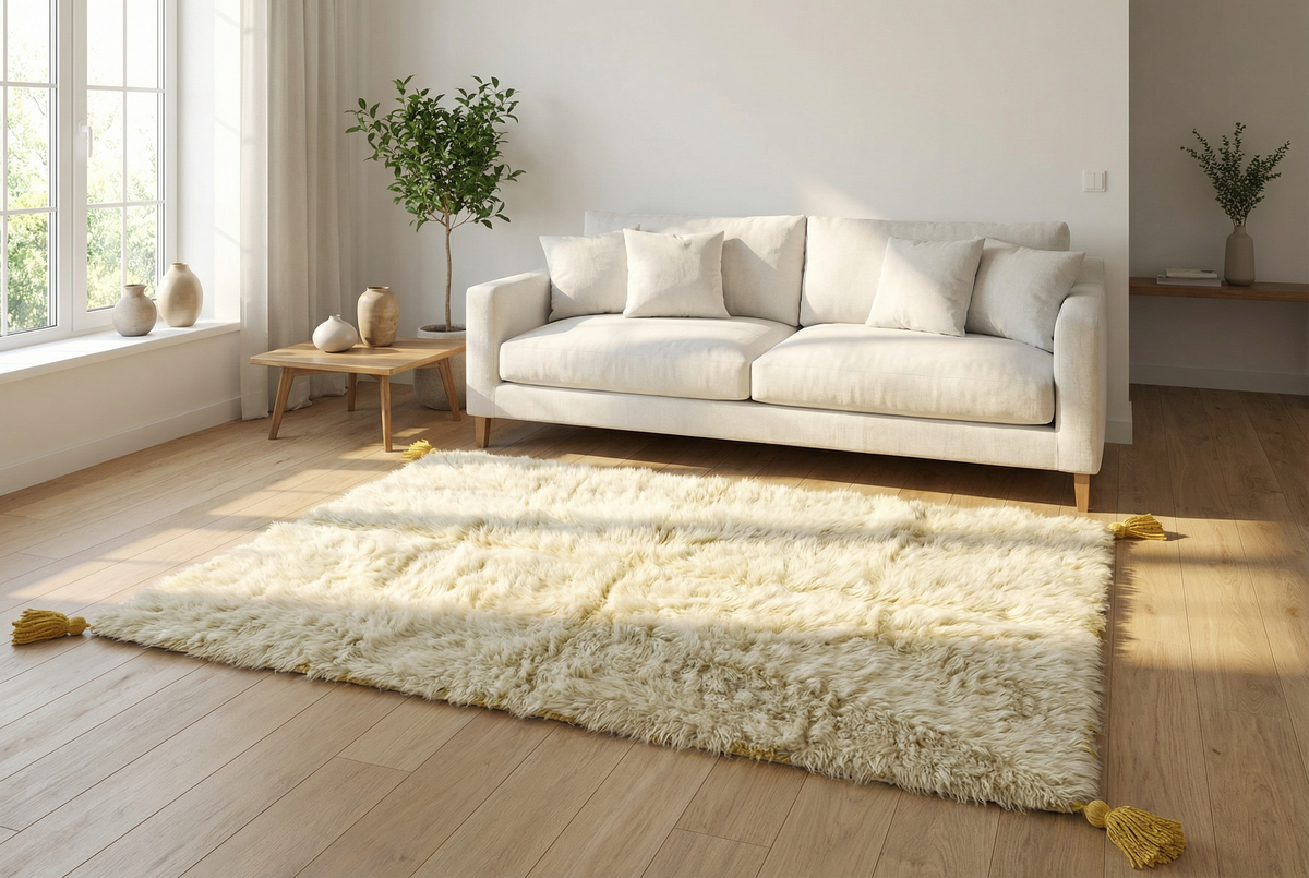 Moroccan wool rug, natural cream ground with a simple geometric design in a living room setting