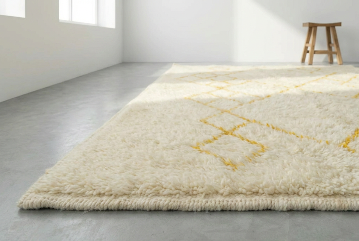 Detail of Mrirt wool rug, saffron yellow diamond motifs