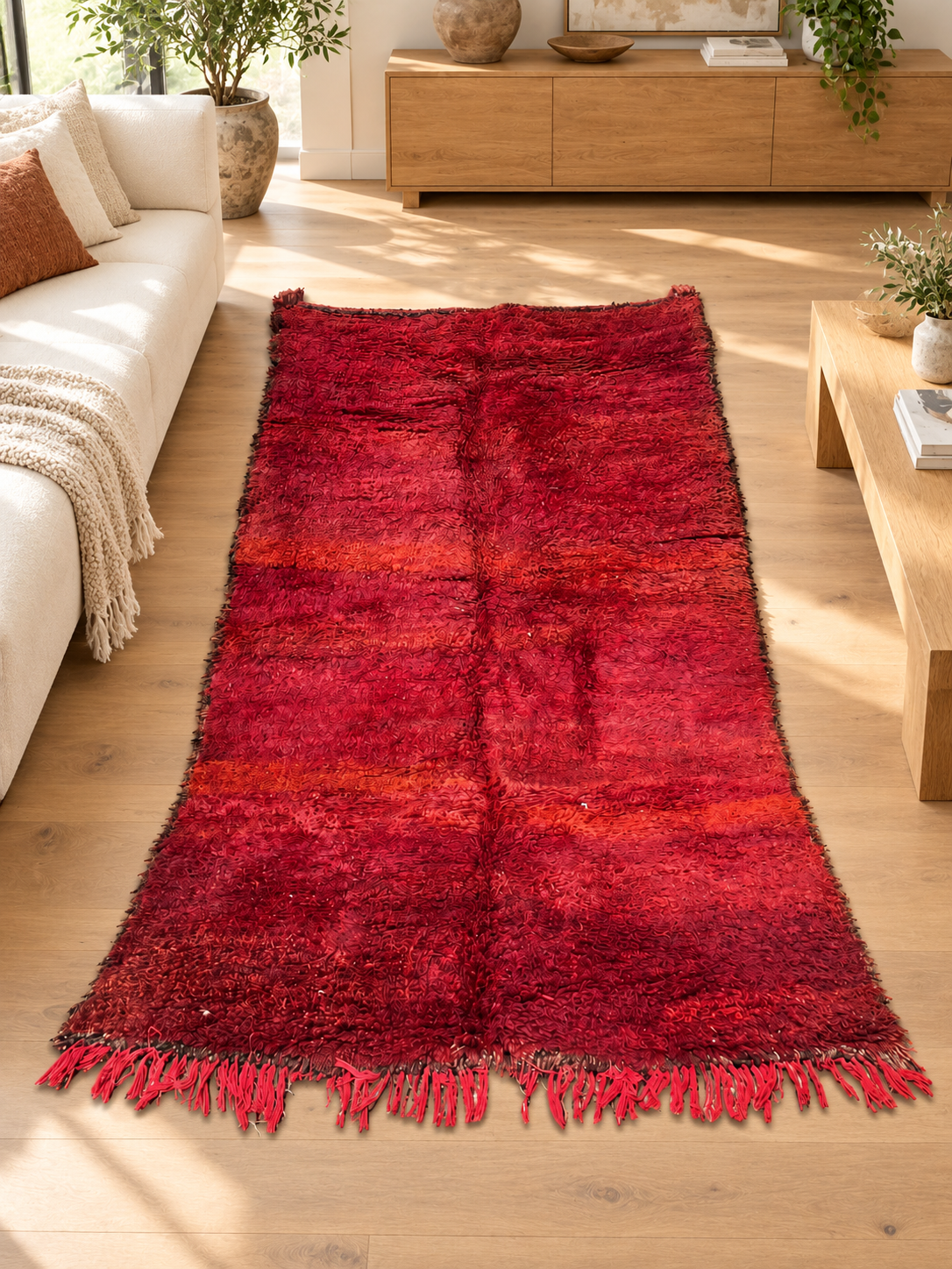 AI-generated room inspiration: Dark Red Vintage Moroccan Rug with Tonal Bands, 320 × 190 cm.