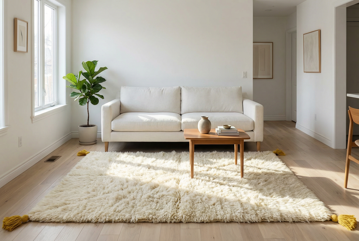 Moroccan wool rug, natural cream ground with a simple geometric design in a living room setting