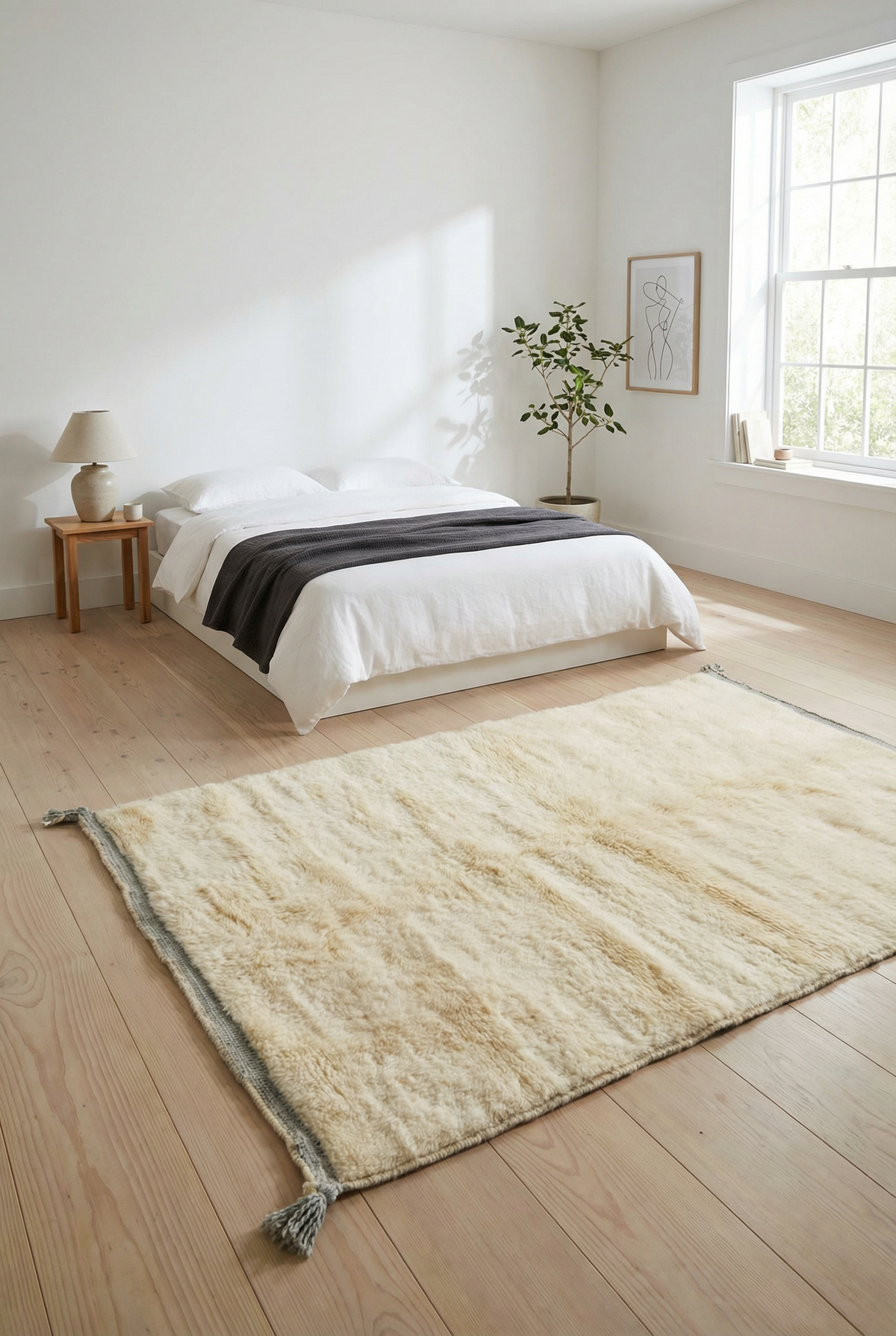 Moroccan wool rug, natural white wool with a high pile and subtle tonal texture in a bedroom setting