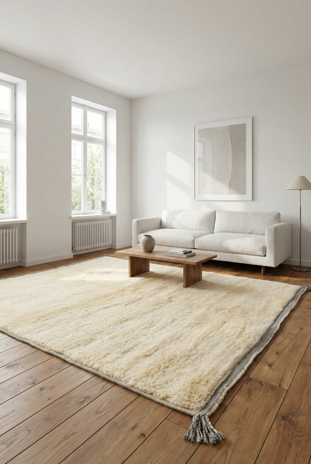 Moroccan wool rug, natural white wool with a high pile and subtle tonal texture in a living room setting